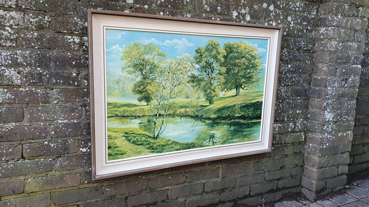 Splendid 1970’s E Kruger Print Sunny Forest Gentle Waterfalls European Landscape.