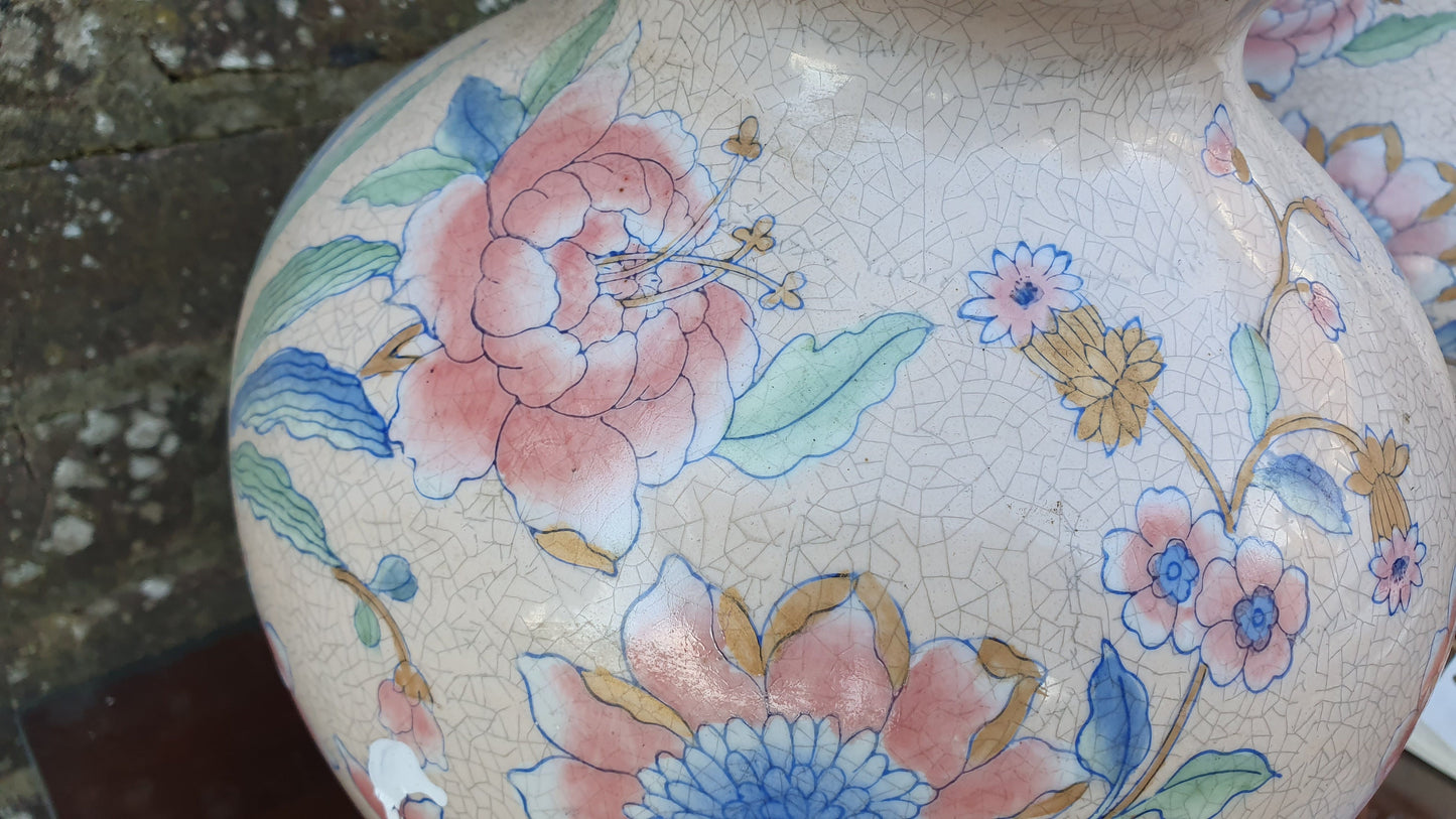 Classic Large Pair of Bedside Table Lamps Ceramic China Pink Crackle Glaze Effect Flowers Working.