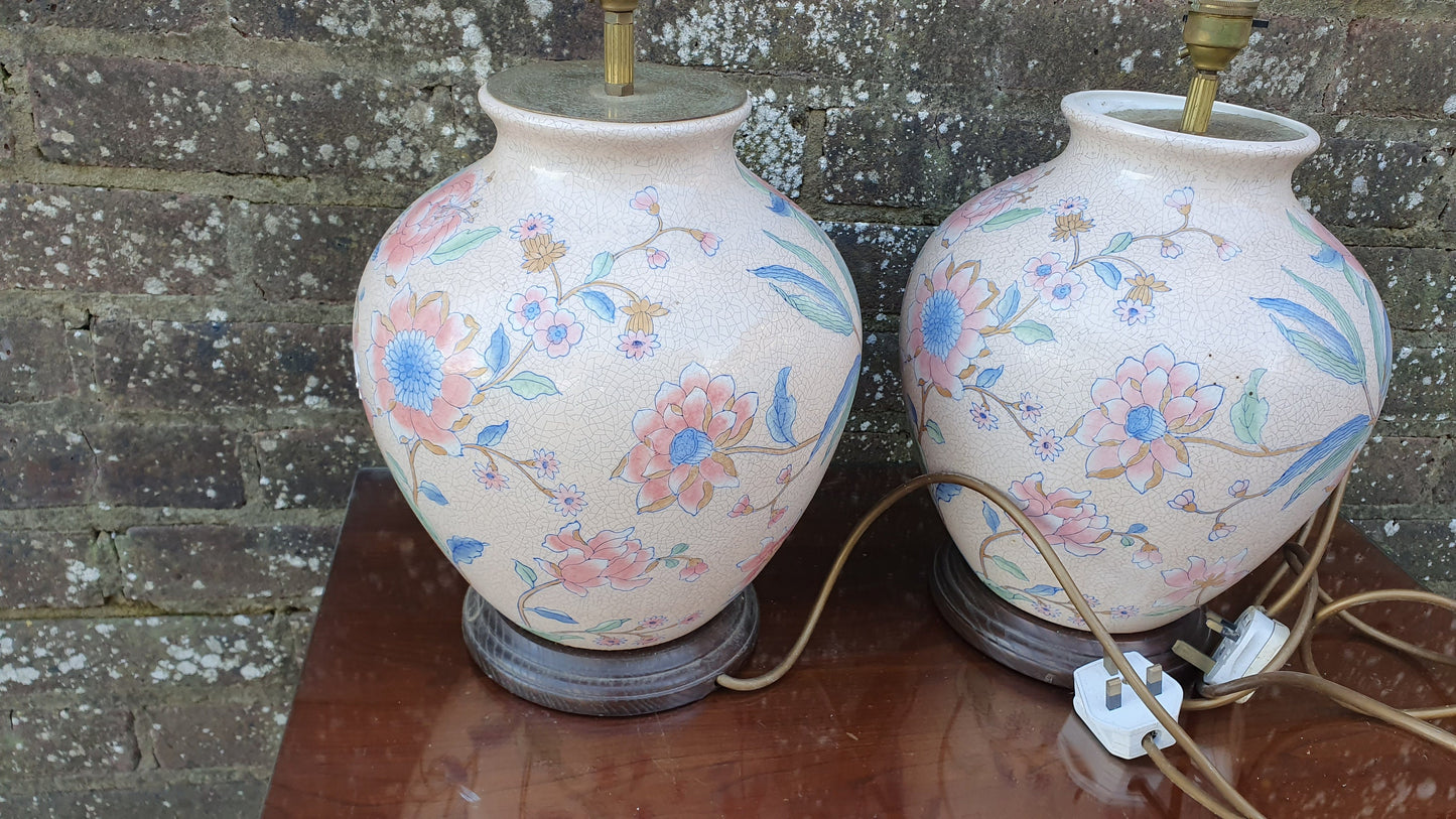Classic Large Pair of Bedside Table Lamps Ceramic China Pink Crackle Glaze Effect Flowers Working.