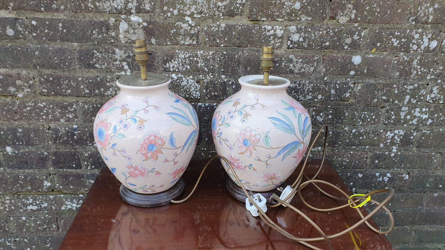 Classic Large Pair of Bedside Table Lamps Ceramic China Pink Crackle Glaze Effect Flowers Working.