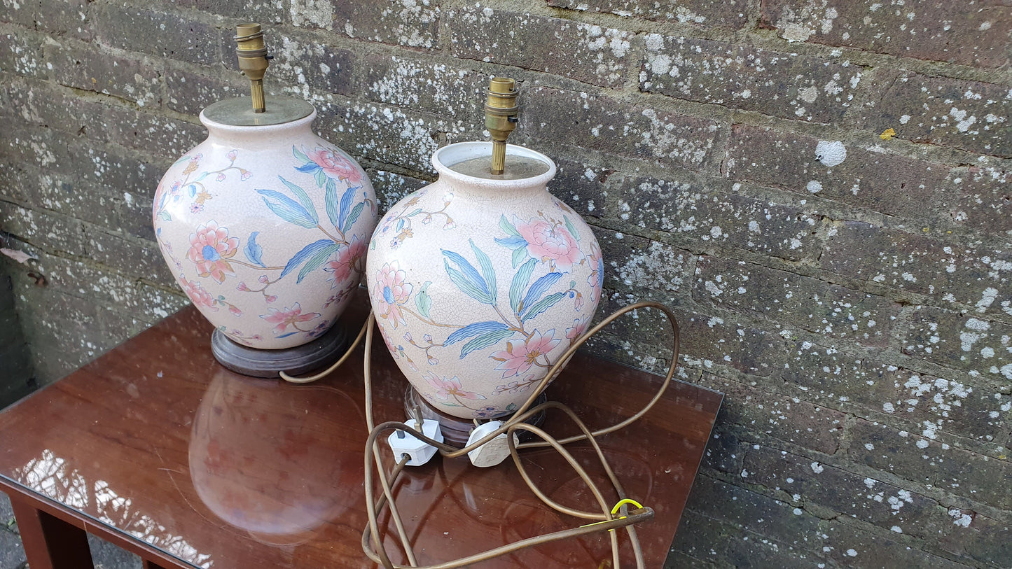 Classic Large Pair of Bedside Table Lamps Ceramic China Pink Crackle Glaze Effect Flowers Working.