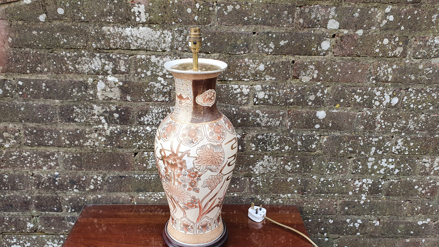 Huge Classic Large Bedside Table Lamps Ceramic China Orange Gold Brown Hues Flowers Butterflies Working.