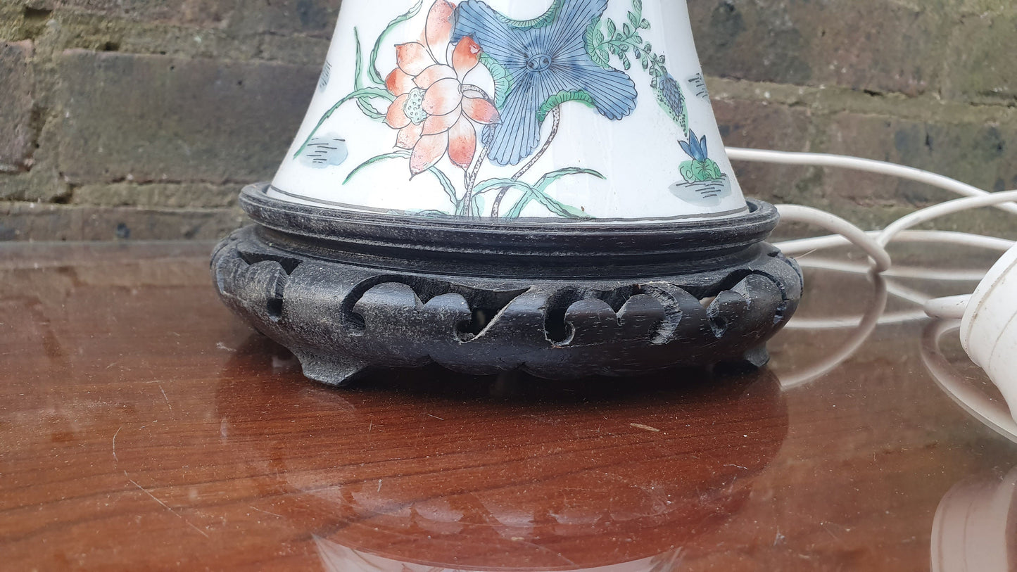 Oriental Style Ceramic and Wood Bedside Table Lamp Working Marks and Spencer Ducks Floral Foliage.