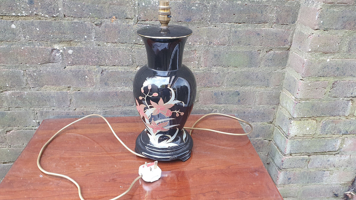 Oriental Style Ceramic Bedside Table Lamp Working Black Floral Foliage.