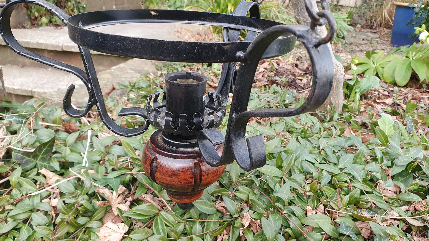 Lantern Style Vintage Hanging Metal Wooden and Glass Pendant Chandelier Light Fitting.