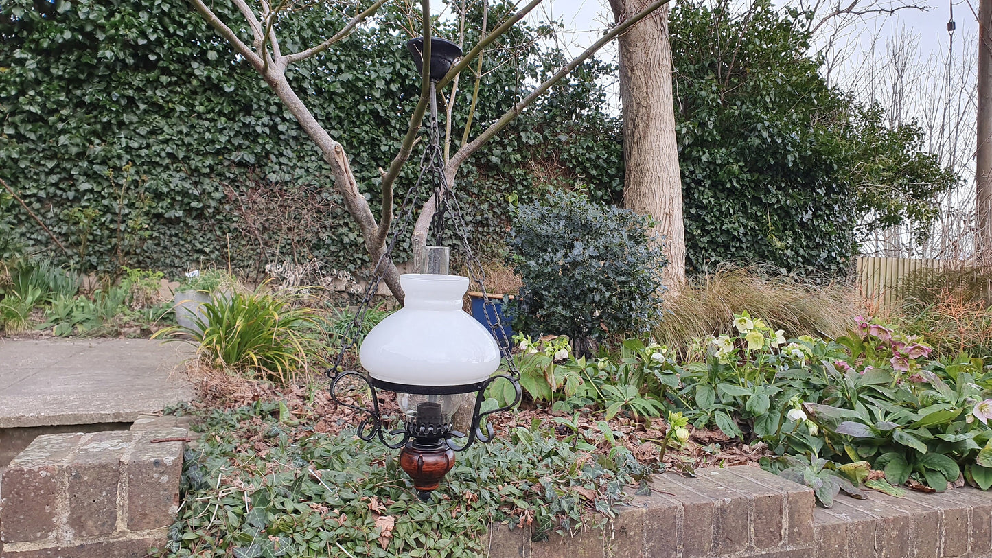 Lantern Style Vintage Hanging Metal Wooden and Glass Pendant Chandelier Light Fitting.