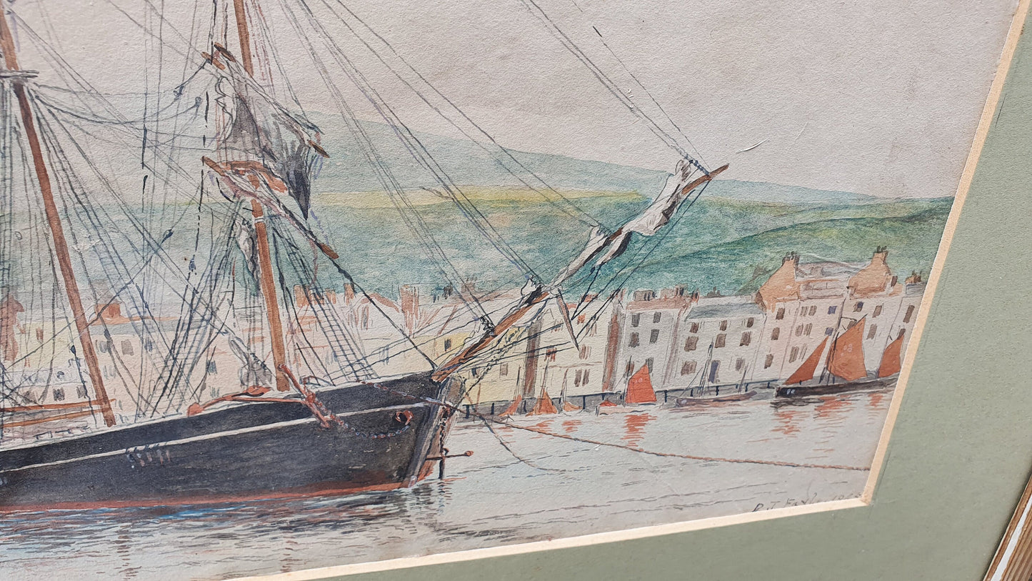 Exquisitely Executed Original Vintage Watercolour of a Clipper Sailing Boat in Harbour RJ Fayle