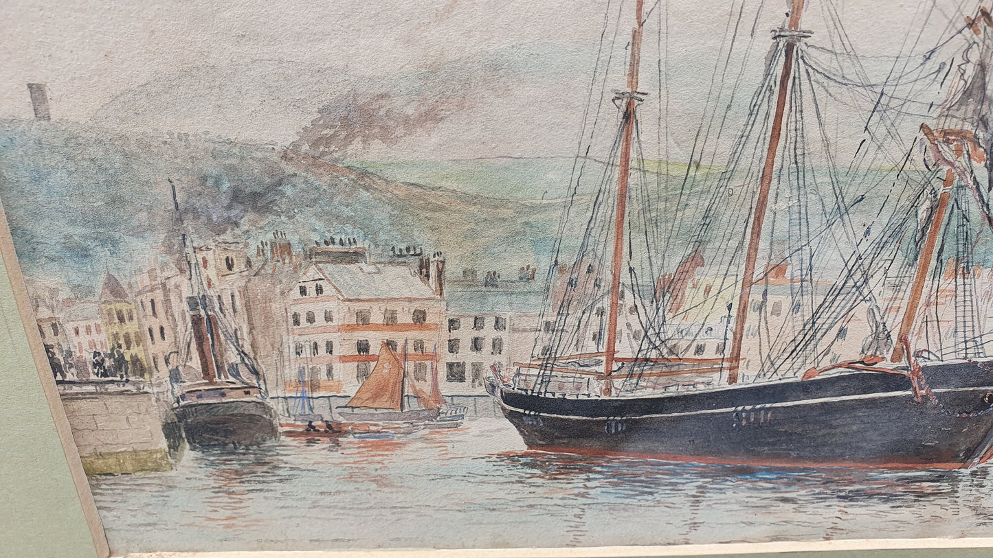 Exquisitely Executed Original Vintage Watercolour of a Clipper Sailing Boat in Harbour RJ Fayle