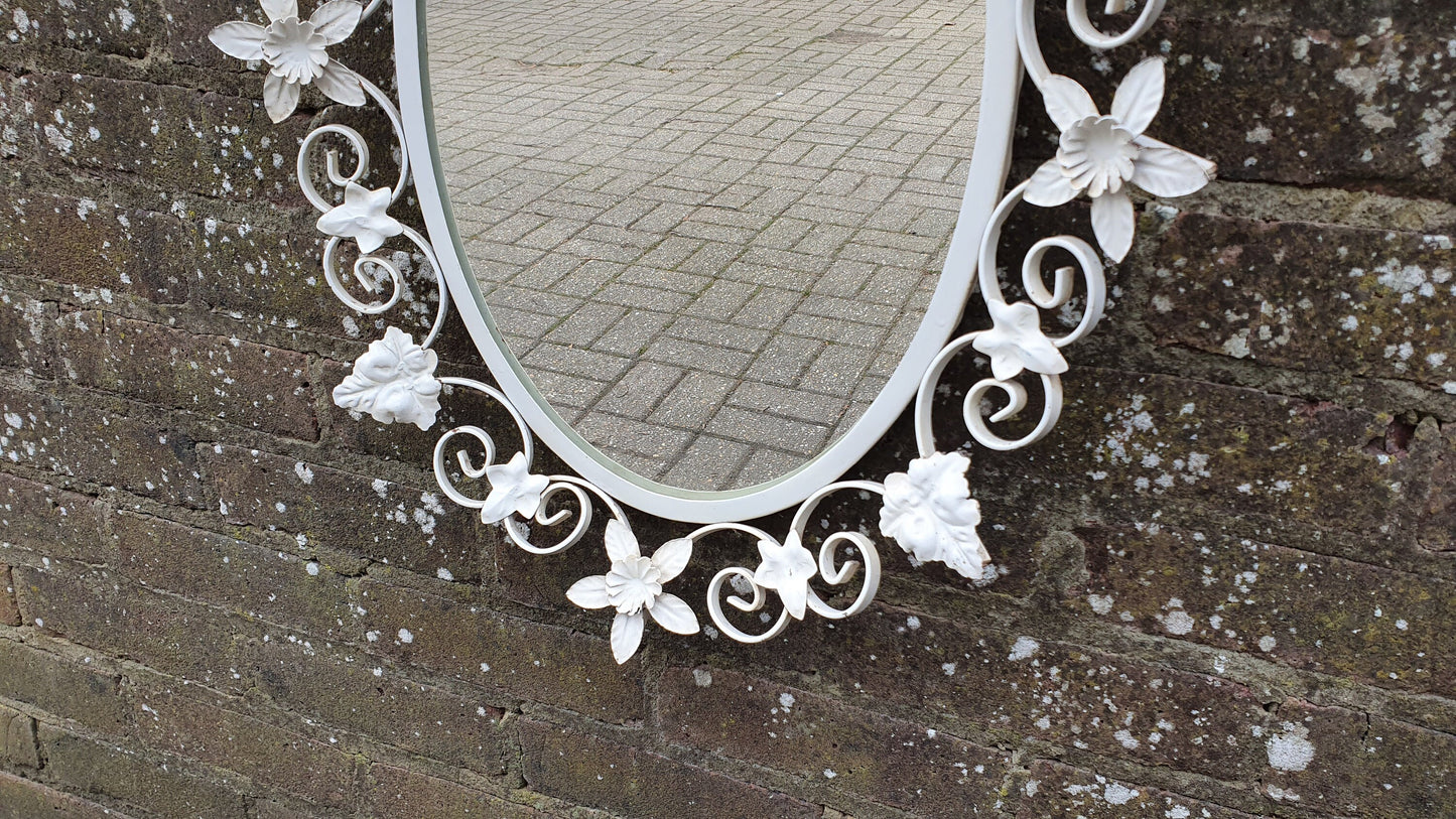 Vintage 60s Metal Wall Mirror Painted Flower and Leaf Decoration