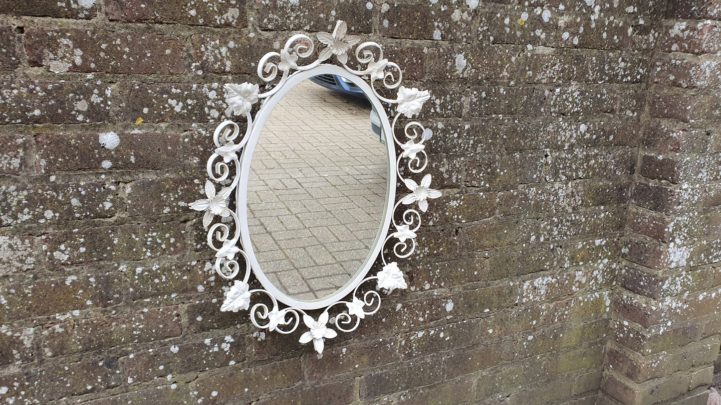 Vintage 60s Metal Wall Mirror Painted Flower and Leaf Decoration