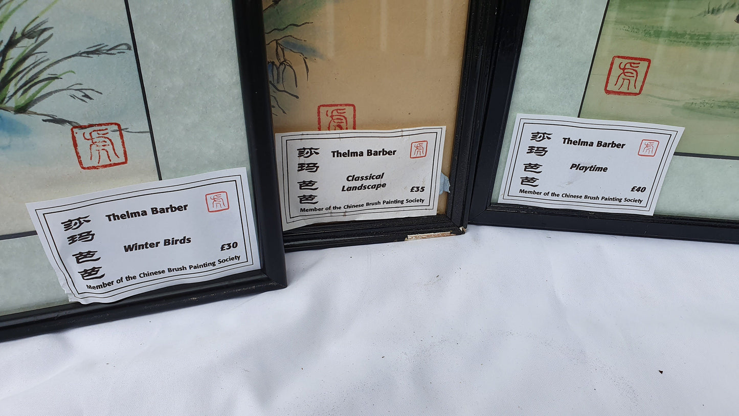 Three Large Vintage Original Chinese Brush Painting Watercolours