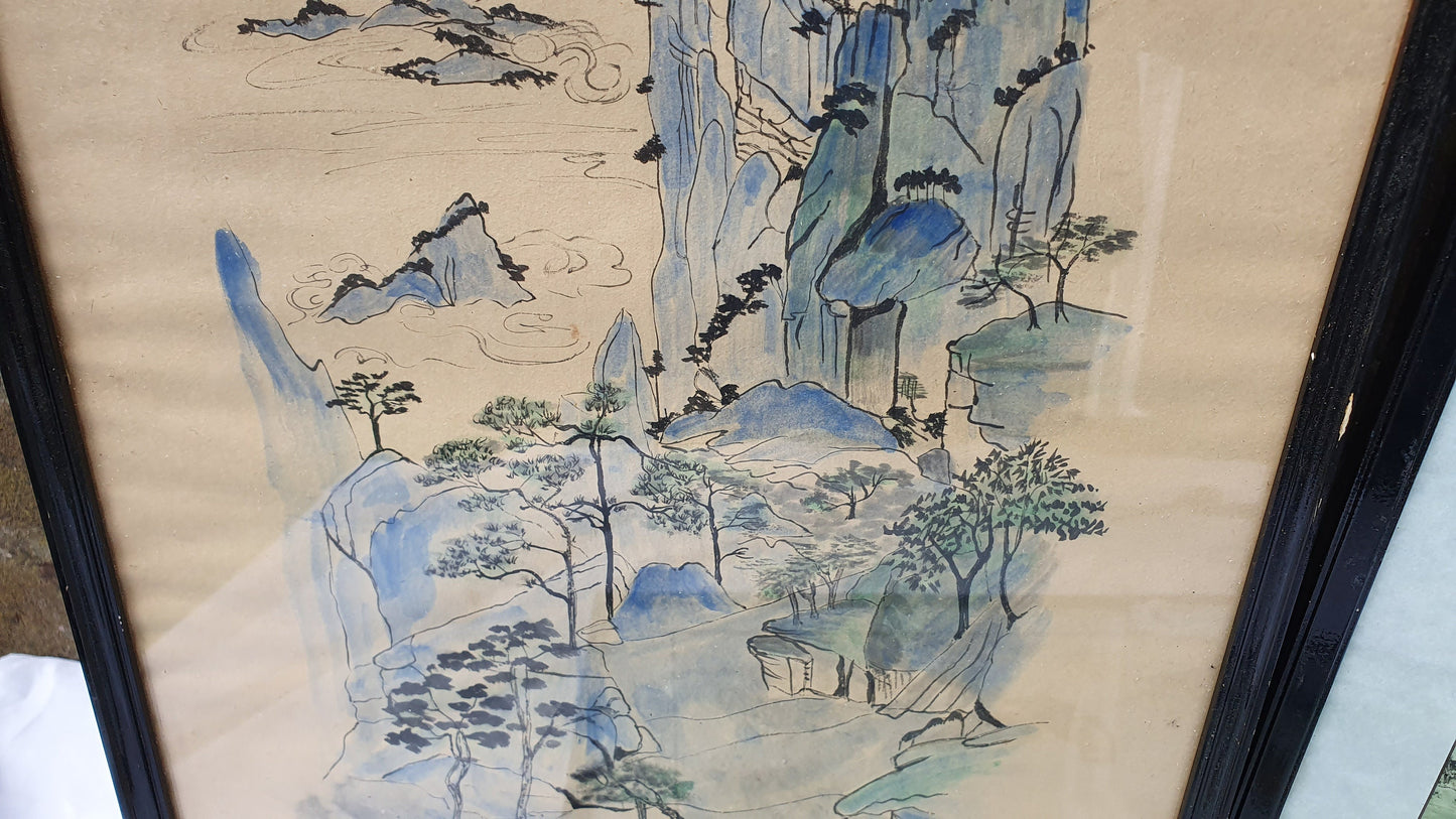 Three Large Vintage Original Chinese Brush Painting Watercolours