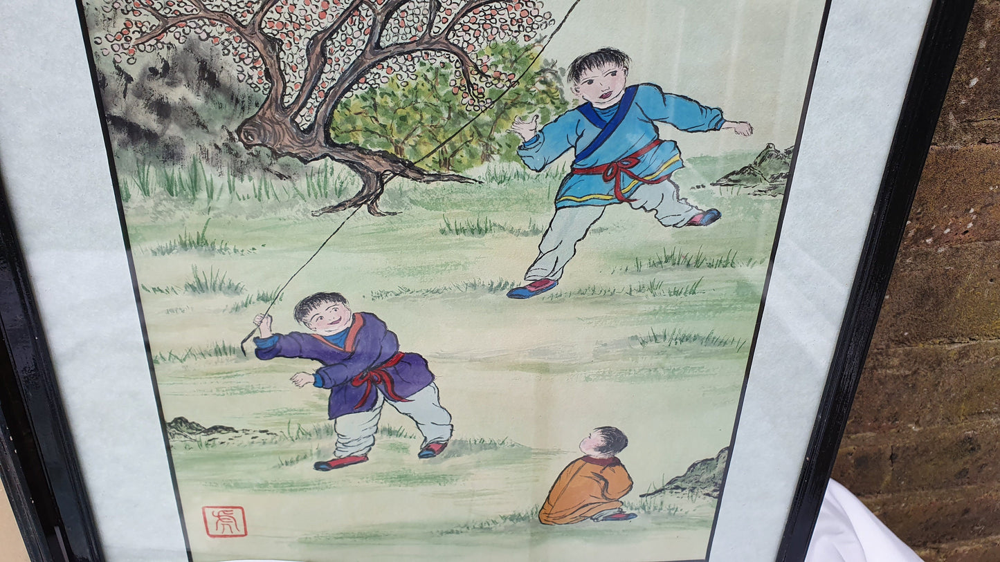 Three Large Vintage Original Chinese Brush Painting Watercolours