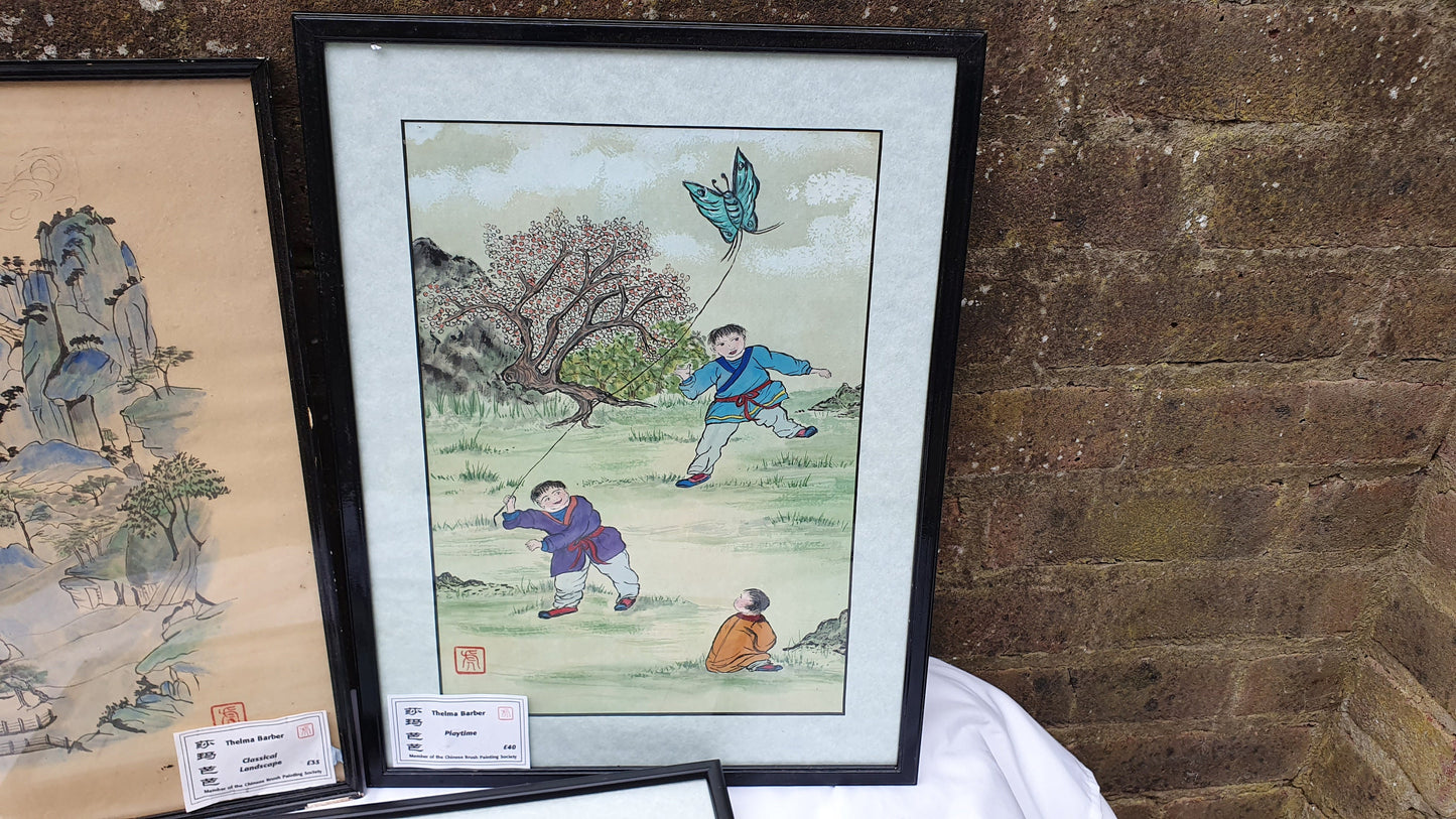 Three Large Vintage Original Chinese Brush Painting Watercolours