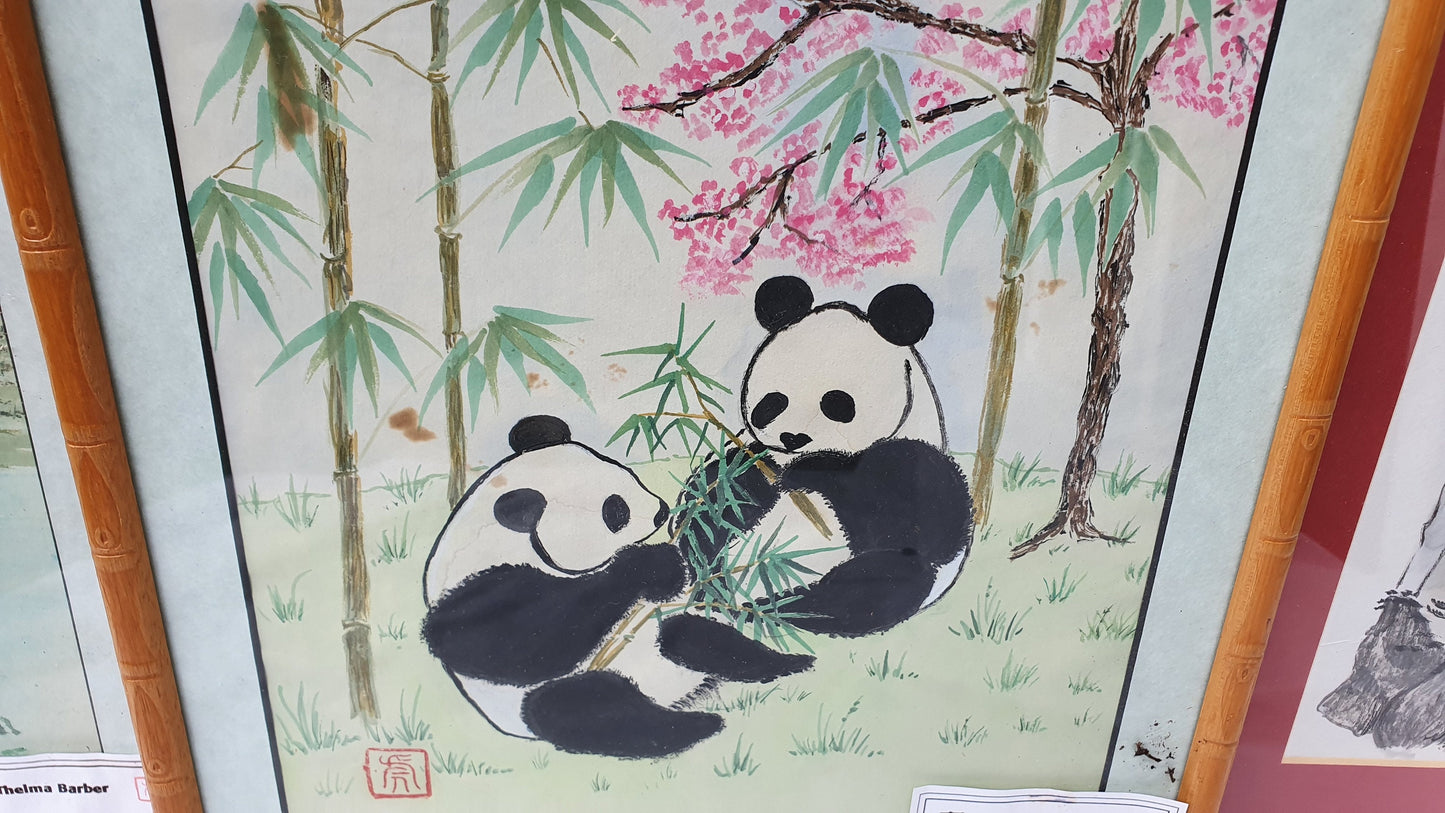 Three Large Vintage Original Chinese Brush Painting Watercolours Panda Bamboo Effect Wooden Frames Panda