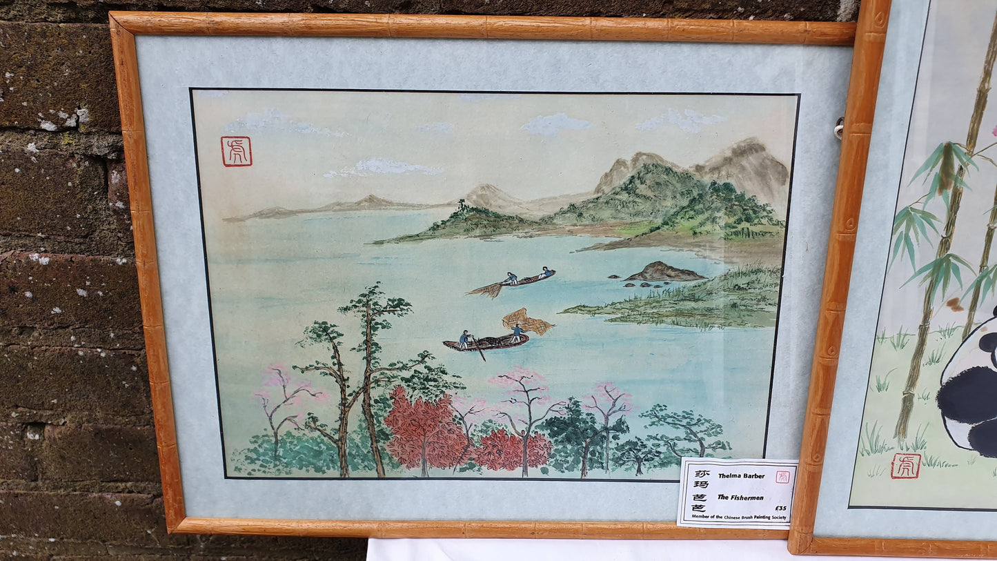 Three Large Vintage Original Chinese Brush Painting Watercolours Panda Bamboo Effect Wooden Frames Panda