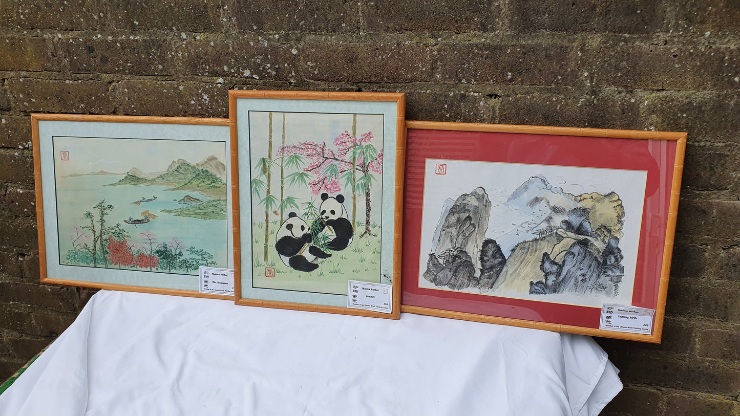 Three Large Vintage Original Chinese Brush Painting Watercolours Panda Bamboo Effect Wooden Frames Panda