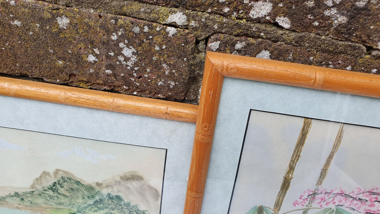 Three Large Vintage Original Chinese Brush Painting Watercolours Panda Bamboo Effect Wooden Frames Panda