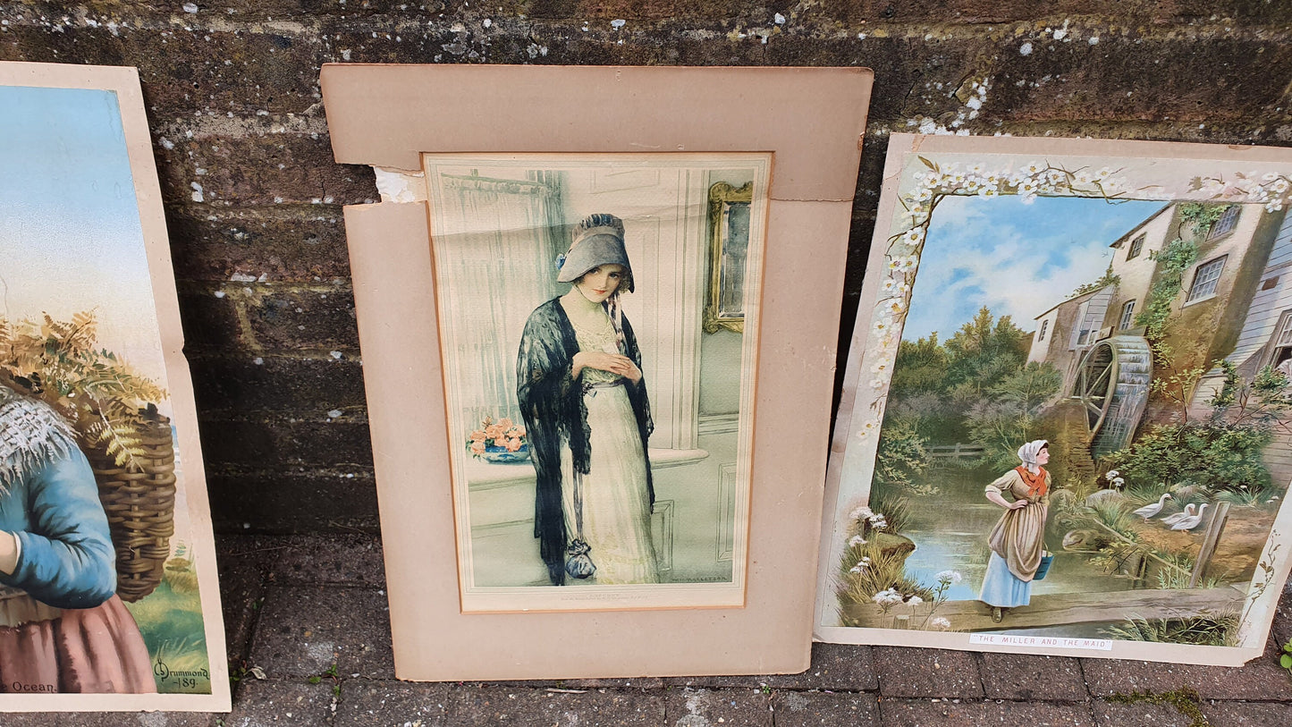 3 Large Original Victorian Lithographs Prints ‘The Miller and the Maid’ ‘Gems of the Ocean’ ‘Fisher Laddie’ plus one other.