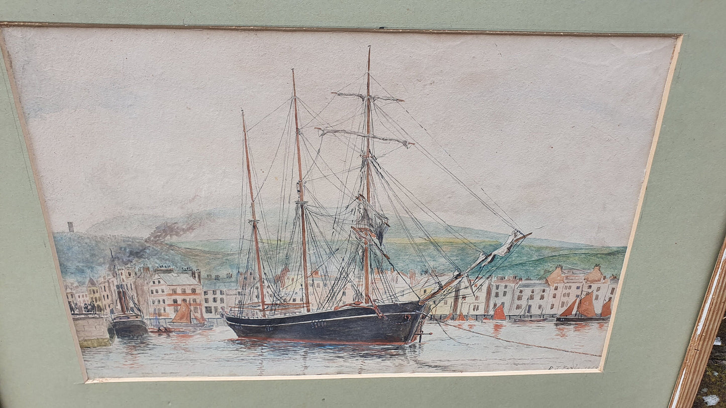 Exquisitely Executed Original Vintage Watercolour of a Clipper Sailing Boat in Harbour RJ Fayle