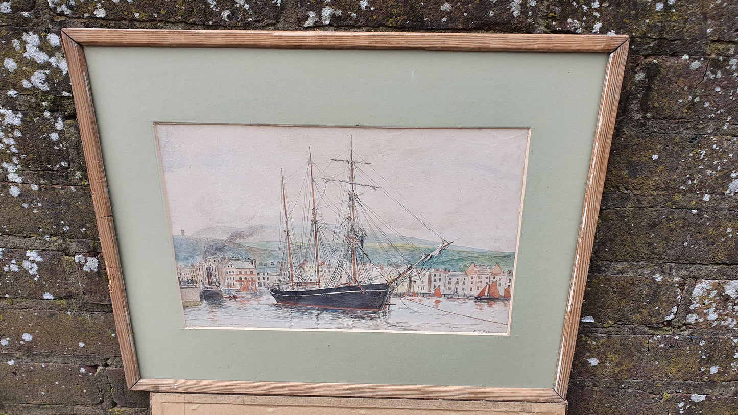 Exquisitely Executed Original Vintage Watercolour of a Clipper Sailing Boat in Harbour RJ Fayle