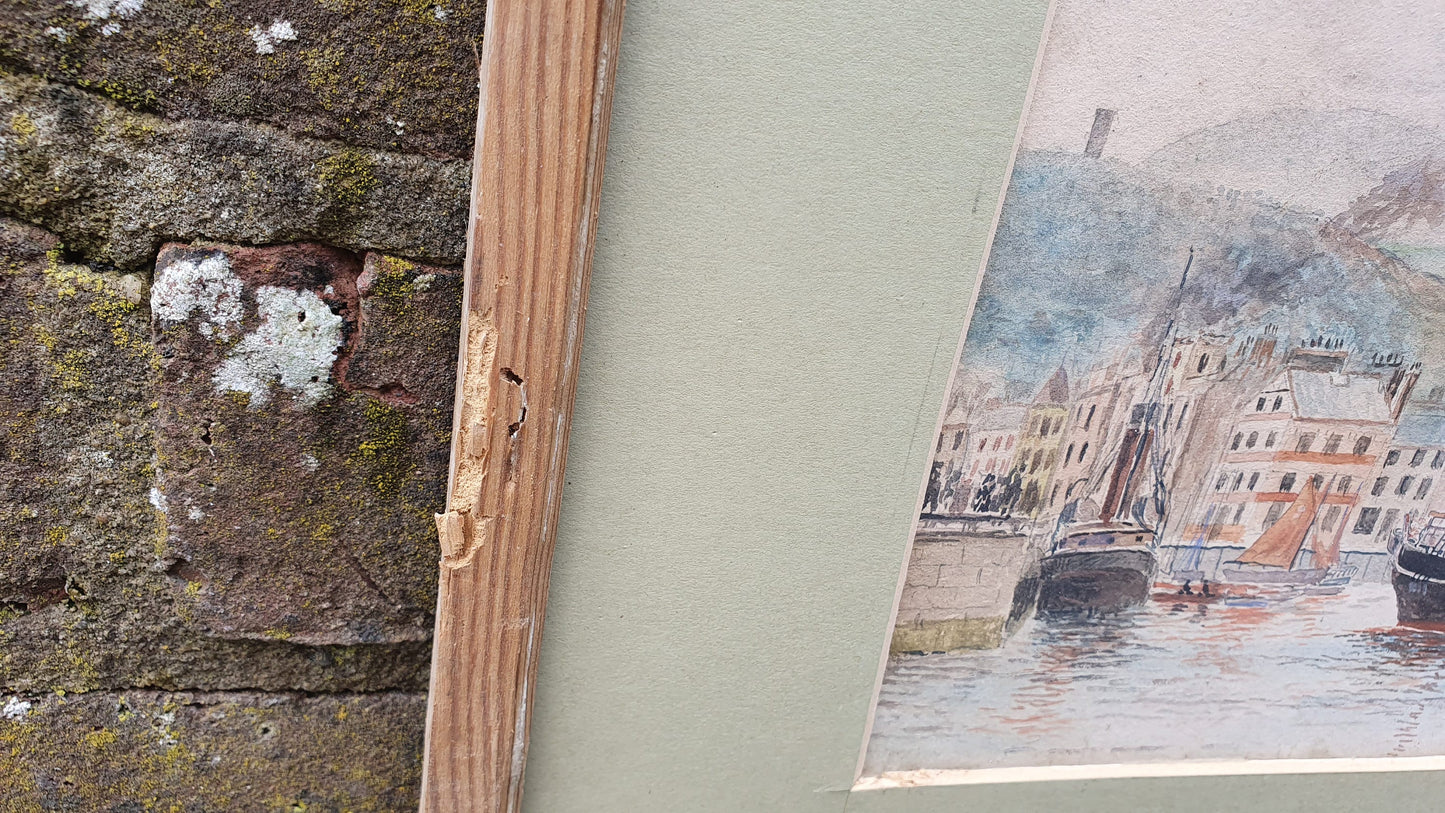 Exquisitely Executed Original Vintage Watercolour of a Clipper Sailing Boat in Harbour RJ Fayle