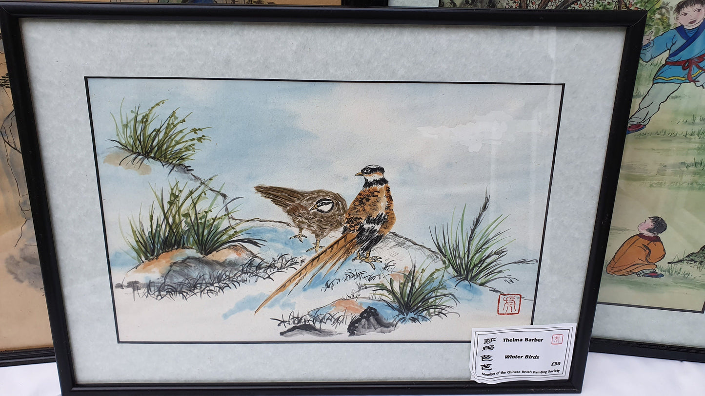Three Large Vintage Original Chinese Brush Painting Watercolours