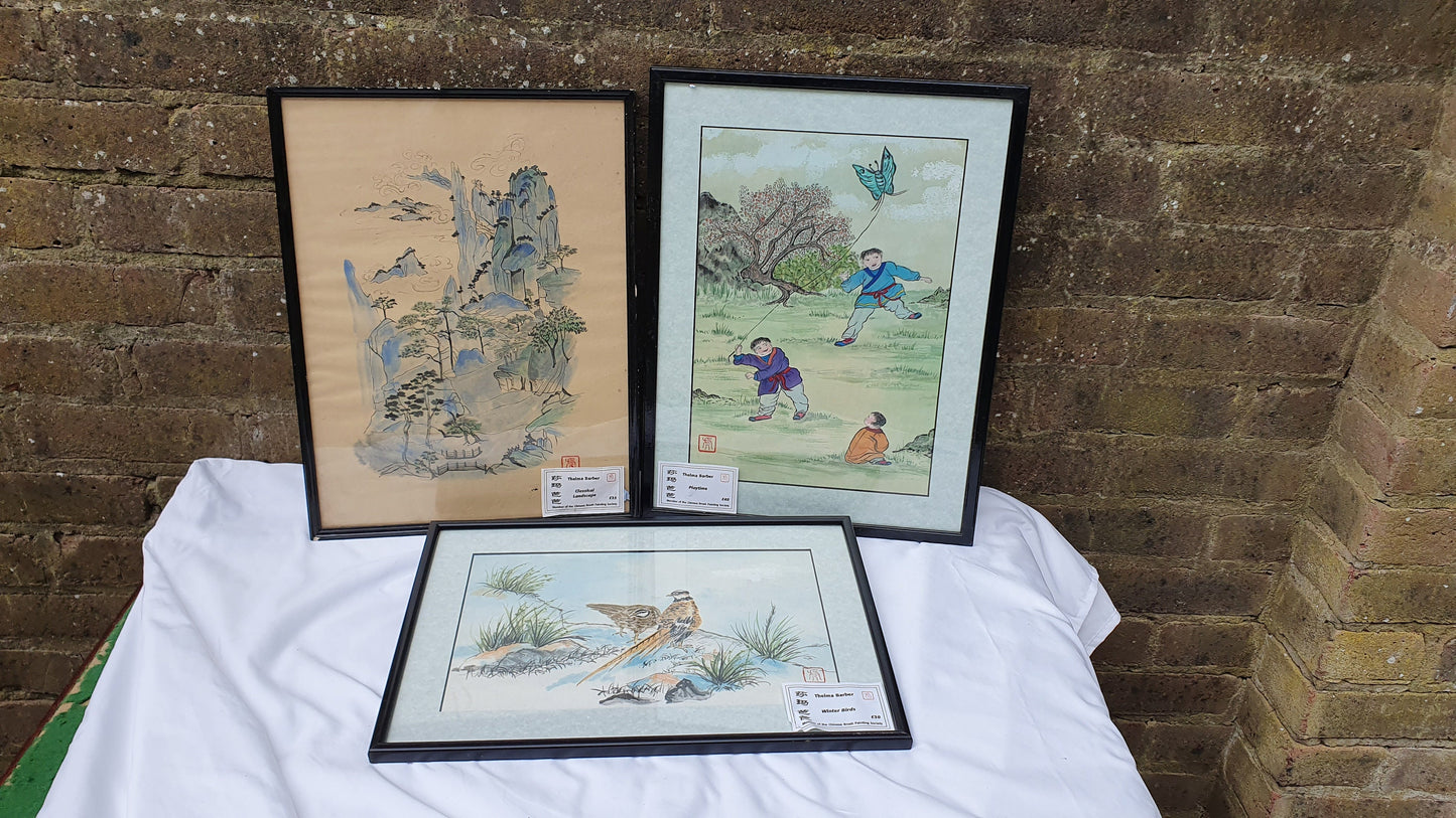 Three Large Vintage Original Chinese Brush Painting Watercolours