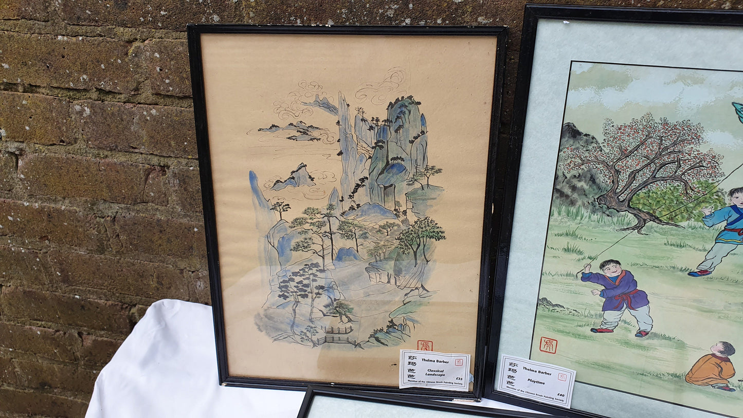 Three Large Vintage Original Chinese Brush Painting Watercolours