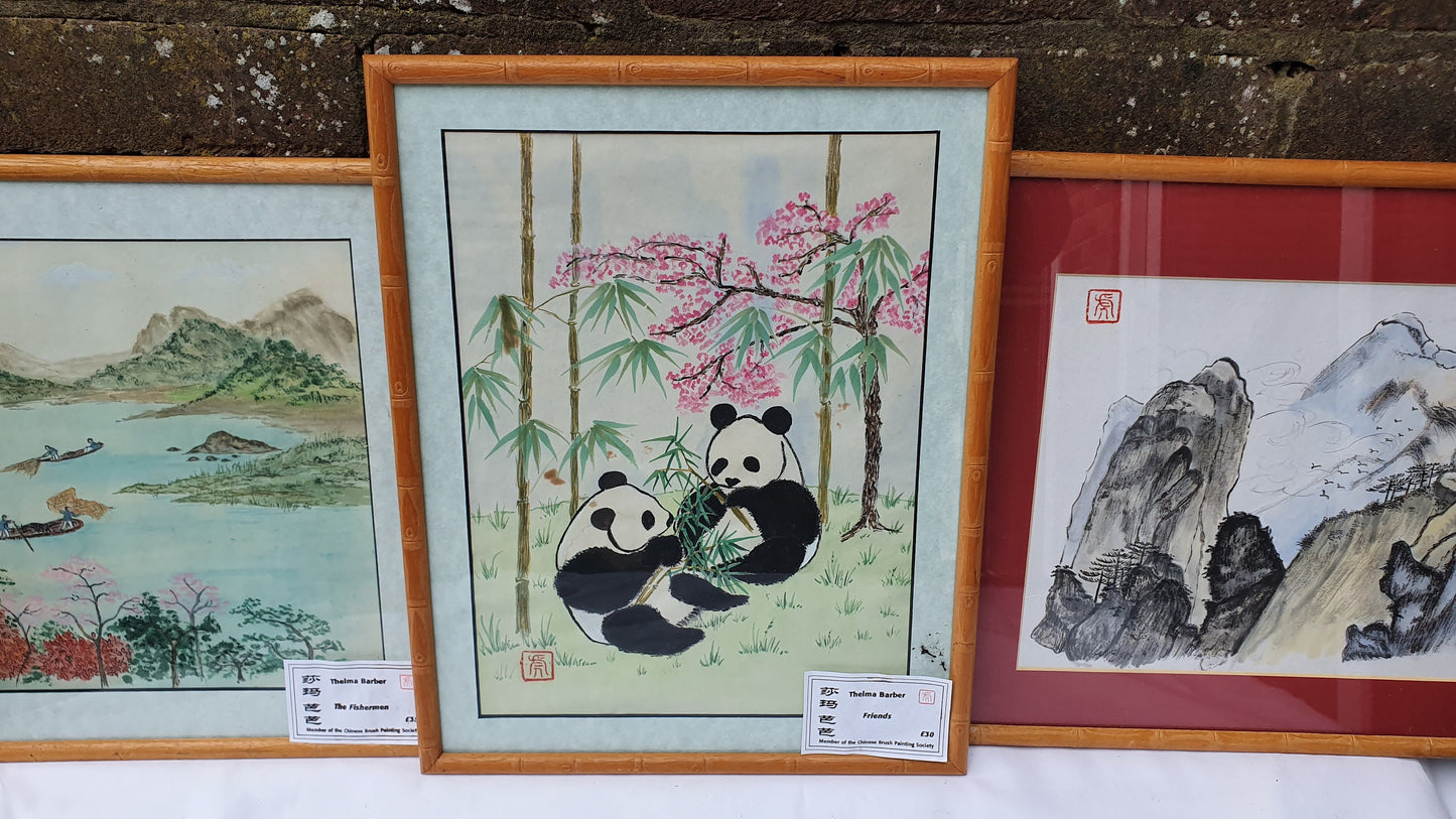 Three Large Vintage Original Chinese Brush Painting Watercolours Panda Bamboo Effect Wooden Frames Panda