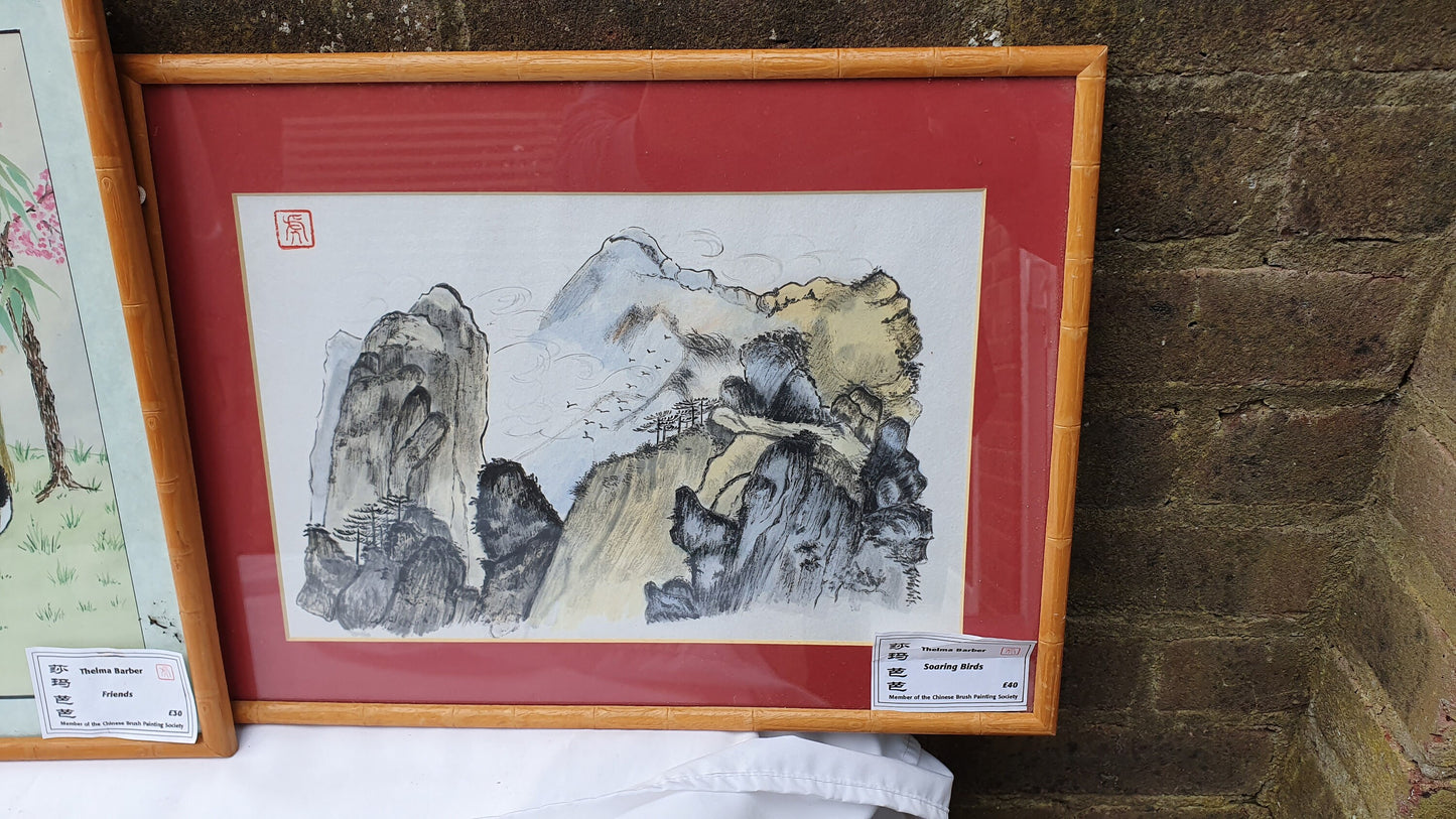 Three Large Vintage Original Chinese Brush Painting Watercolours Panda Bamboo Effect Wooden Frames Panda