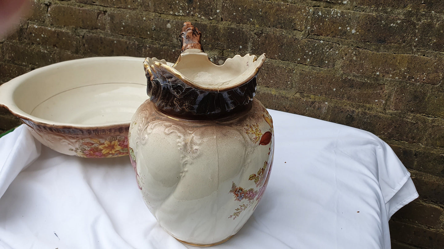 Vintage Floral Large Wash Basin Set Jug Bowl Ewer Pink Flower Vase. Late Victorian.