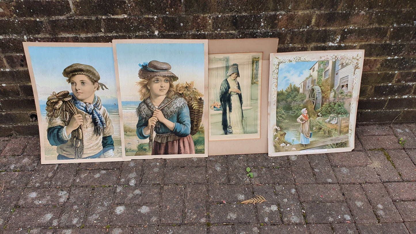 3 Large Original Victorian Lithographs Prints ‘The Miller and the Maid’ ‘Gems of the Ocean’ ‘Fisher Laddie’ plus one other.