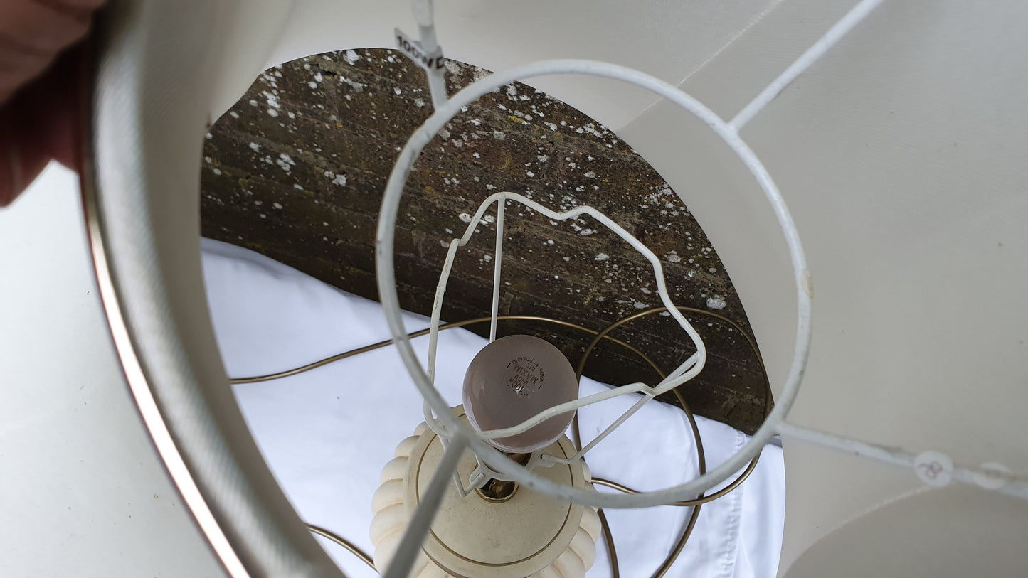 Pair of Cream and Gold Fluted Bedside Table Lamps With ‘Vogue’ Vintage Lampshades