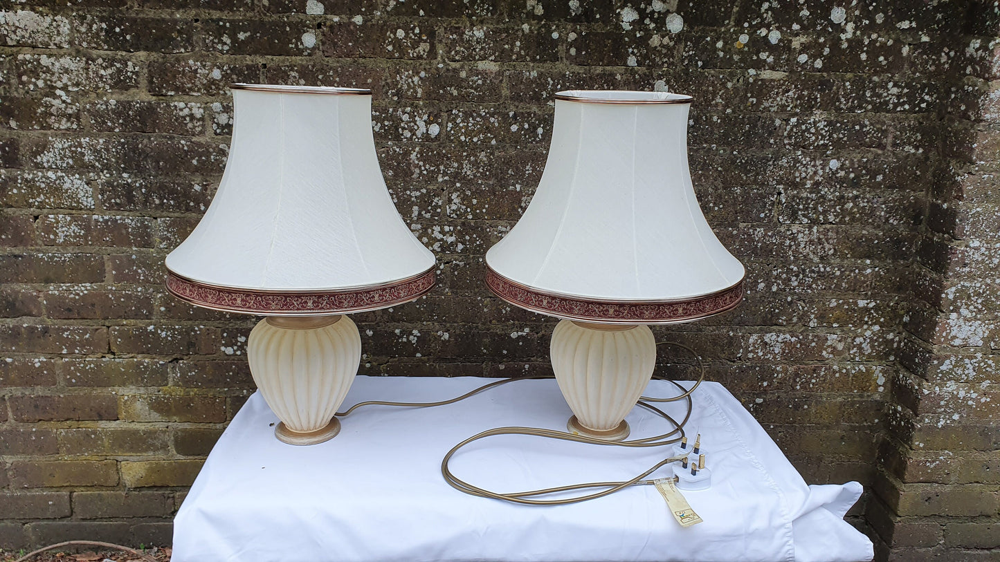 Pair of Cream and Gold Fluted Bedside Table Lamps With ‘Vogue’ Vintage Lampshades