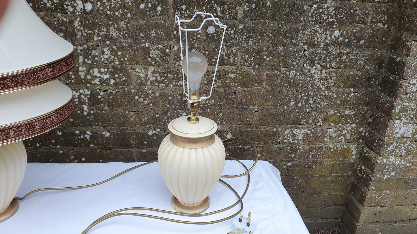 Pair of Cream and Gold Fluted Bedside Table Lamps With ‘Vogue’ Vintage Lampshades