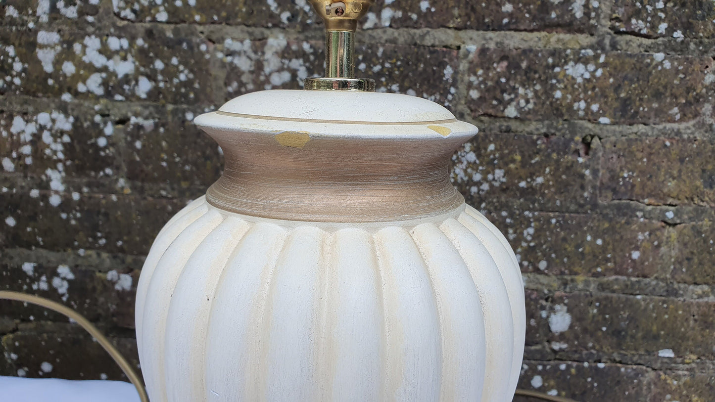 Pair of Cream and Gold Fluted Bedside Table Lamps With ‘Vogue’ Vintage Lampshades