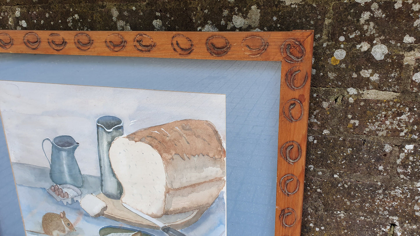 Very Large Bold and Imposing 70’s or 80’s Quirky Still Life Watercolour Cheese Wine and Mouse. 82 x 64 cm.