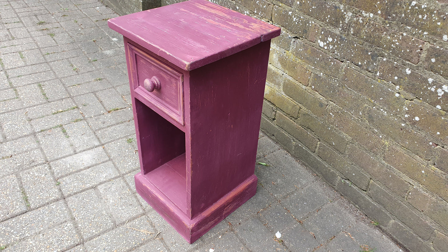 Lilac Dark Pink Vintage Shabby Chic Painted Bedside Cupboard Side Table Plant Stand