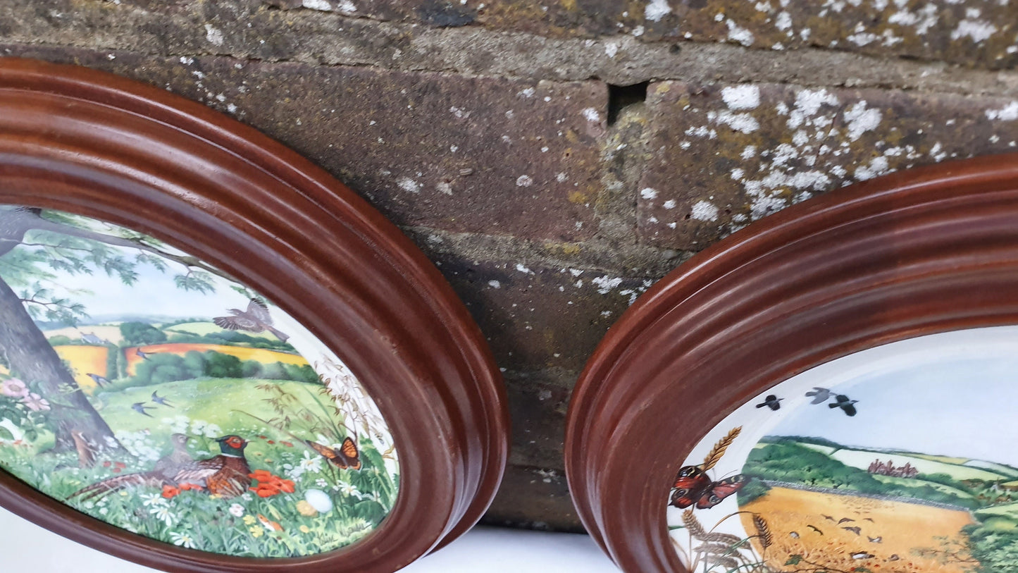1987 Set of 4 Wedgwood Bone China ‘Colin Newman’s Country Panorama Decorative Plates in Van Hygan Smythe Wooden Frames English Landscape