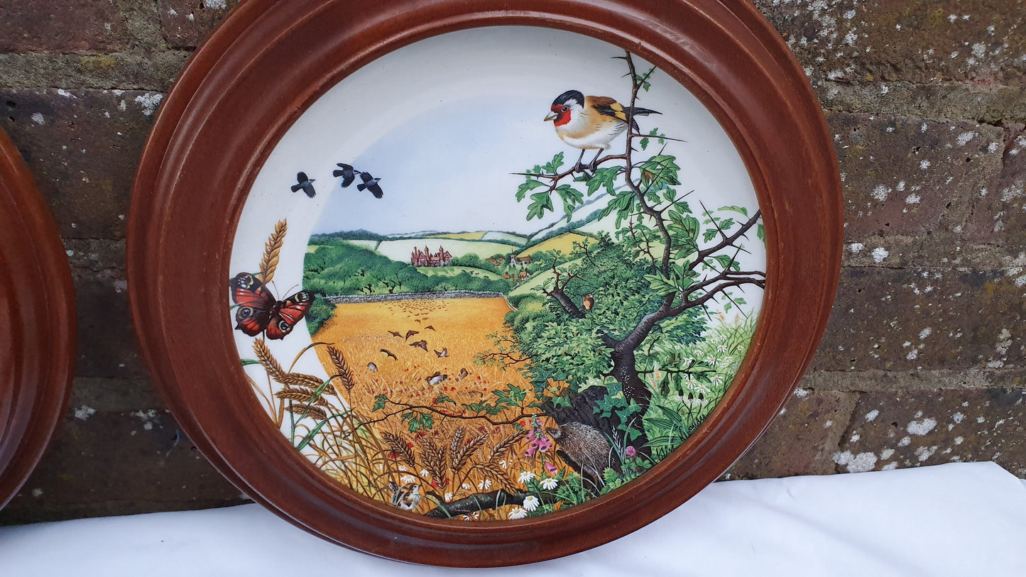 1987 Set of 4 Wedgwood Bone China ‘Colin Newman’s Country Panorama Decorative Plates in Van Hygan Smythe Wooden Frames English Landscape