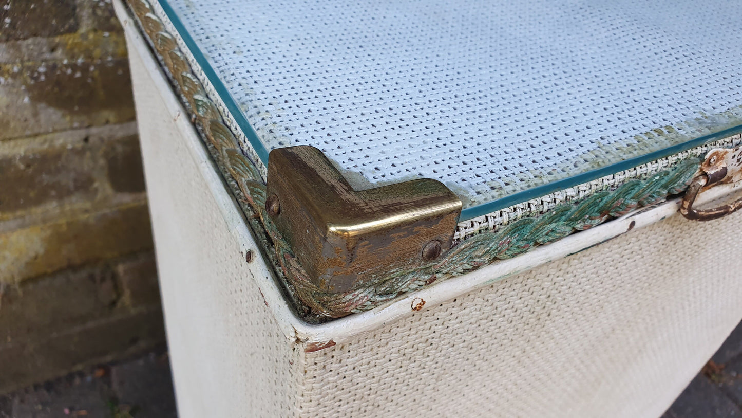 Vintage Retro Lloyd Loom Style Linen Basket Glass Top Plant Stand Storage
