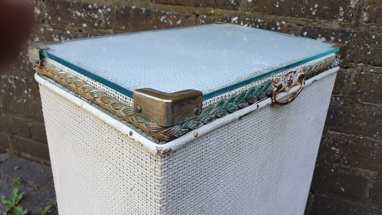 Vintage Retro Lloyd Loom Style Linen Basket Glass Top Plant Stand Storage