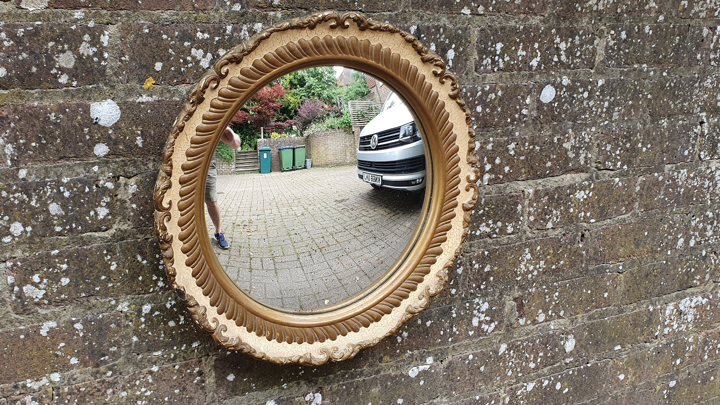 Cream and Gold Painted Vintage Ornate Chunky Painted Plaster Mirror. Convex Glass Shabby Chic.