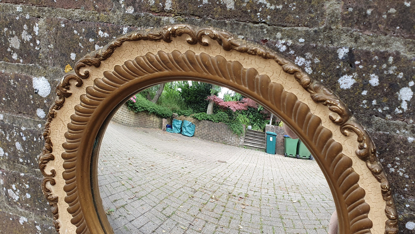 Cream and Gold Painted Vintage Ornate Chunky Painted Plaster Mirror. Convex Glass Shabby Chic.