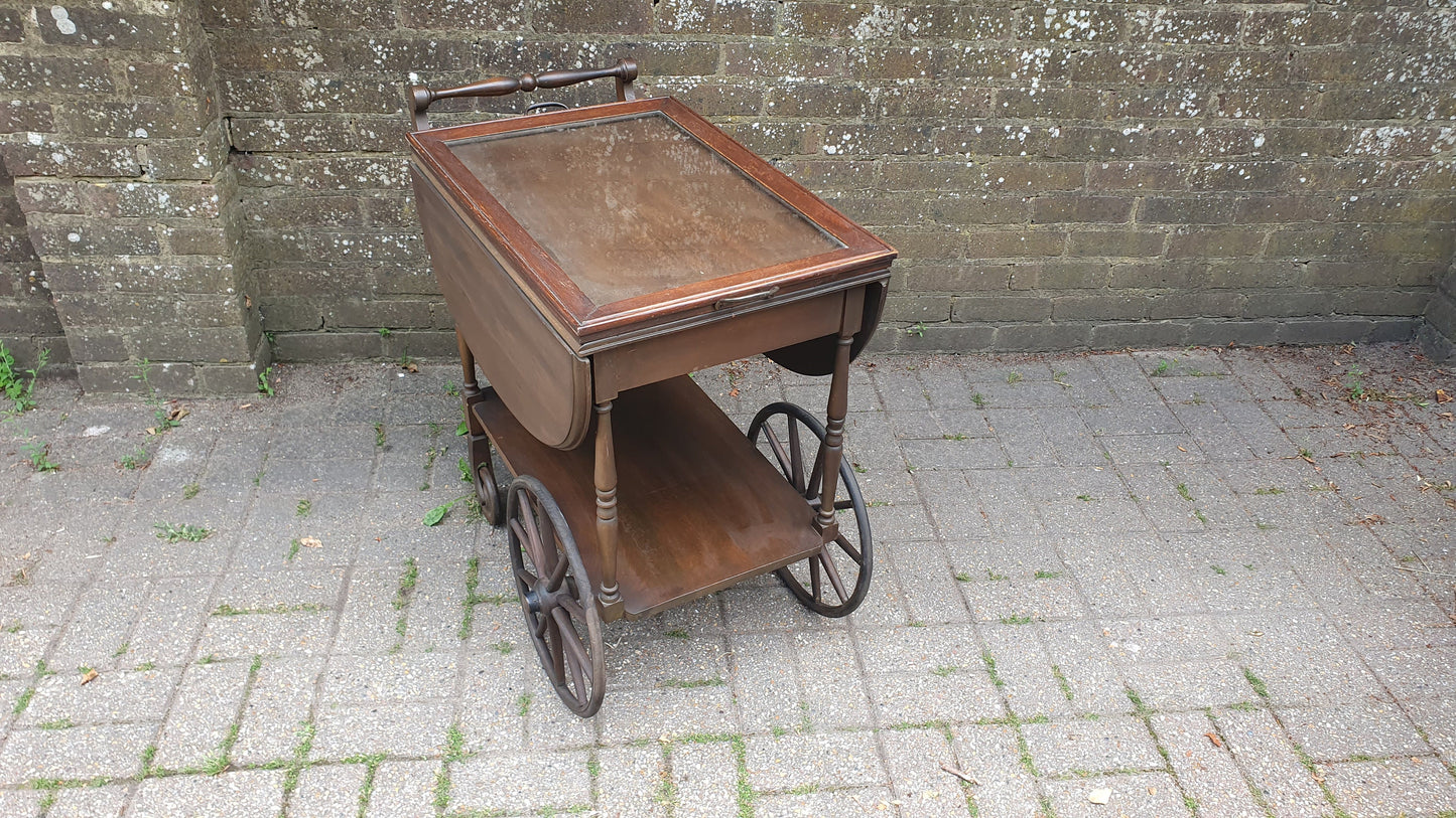 Solid Wood Classic Big Wheel Penny Farthing Drinks Trolley Vintage 1920’s Lift-off Tray Drop Leaf