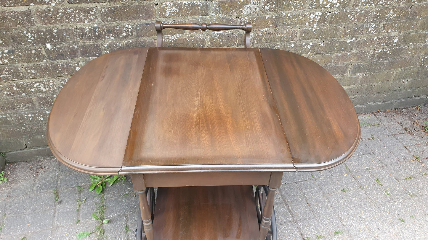 Solid Wood Classic Big Wheel Penny Farthing Drinks Trolley Vintage 1920’s Lift-off Tray Drop Leaf