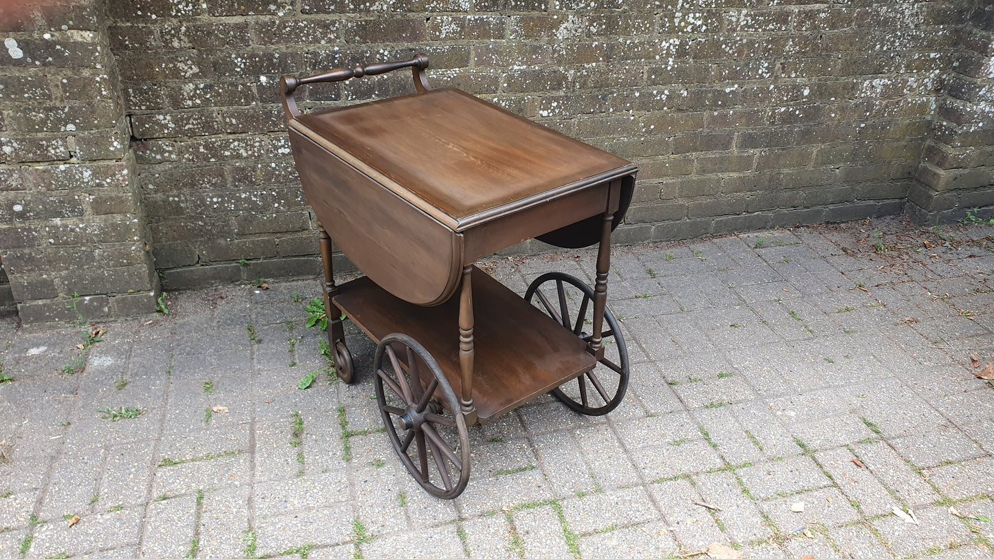 Solid Wood Classic Big Wheel Penny Farthing Drinks Trolley Vintage 1920’s Lift-off Tray Drop Leaf