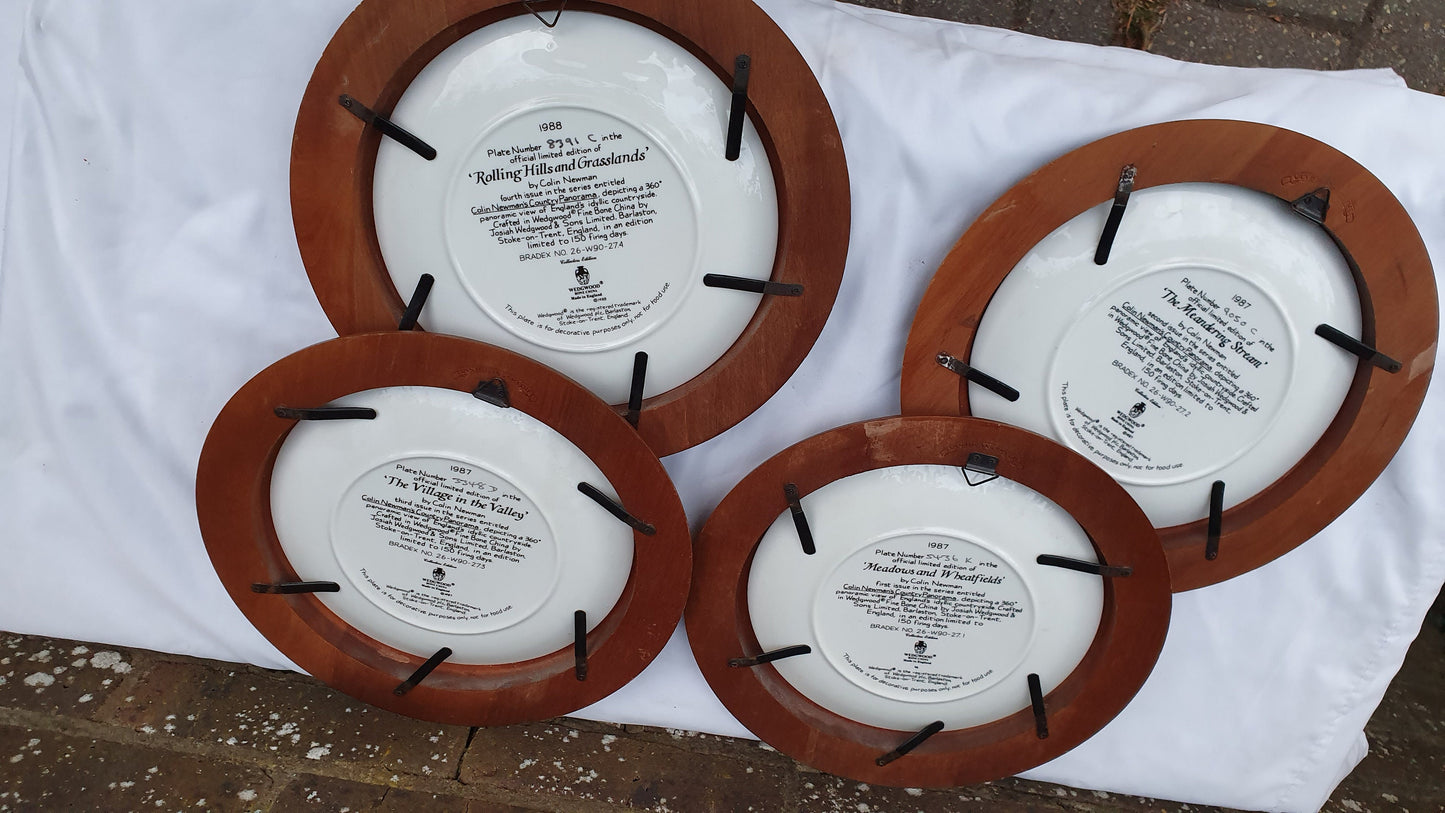 1987 Set of 4 Wedgwood Bone China ‘Colin Newman’s Country Panorama Decorative Plates in Van Hygan Smythe Wooden Frames English Landscape