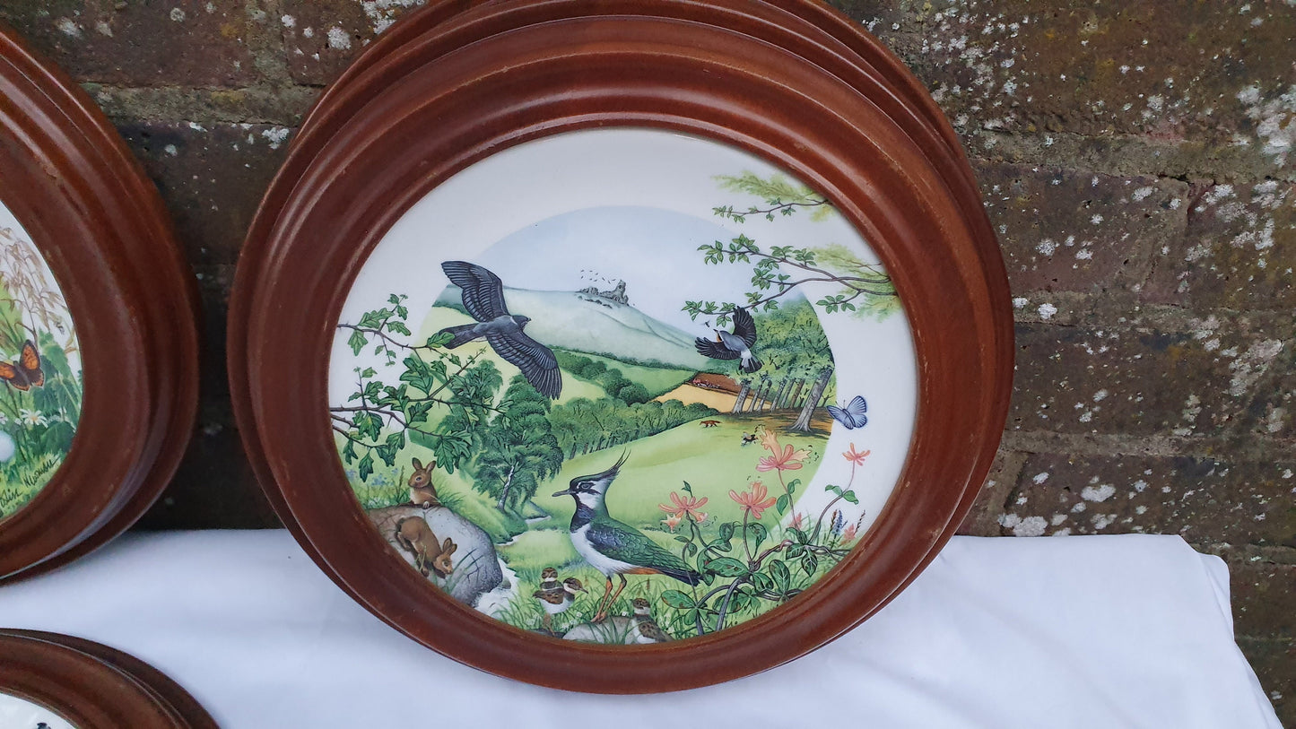 1987 Set of 4 Wedgwood Bone China ‘Colin Newman’s Country Panorama Decorative Plates in Van Hygan Smythe Wooden Frames English Landscape